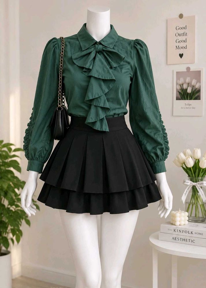 Green Ruffle Korean Top with Back Button Detail