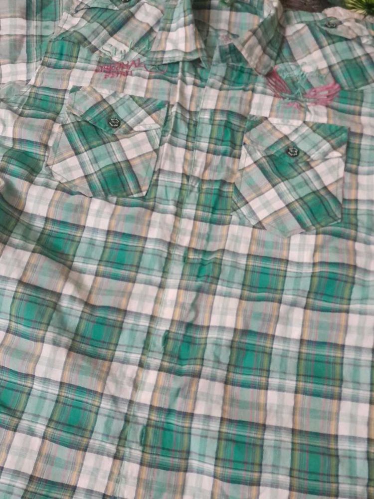 Green Plaid Button-Up Shirt