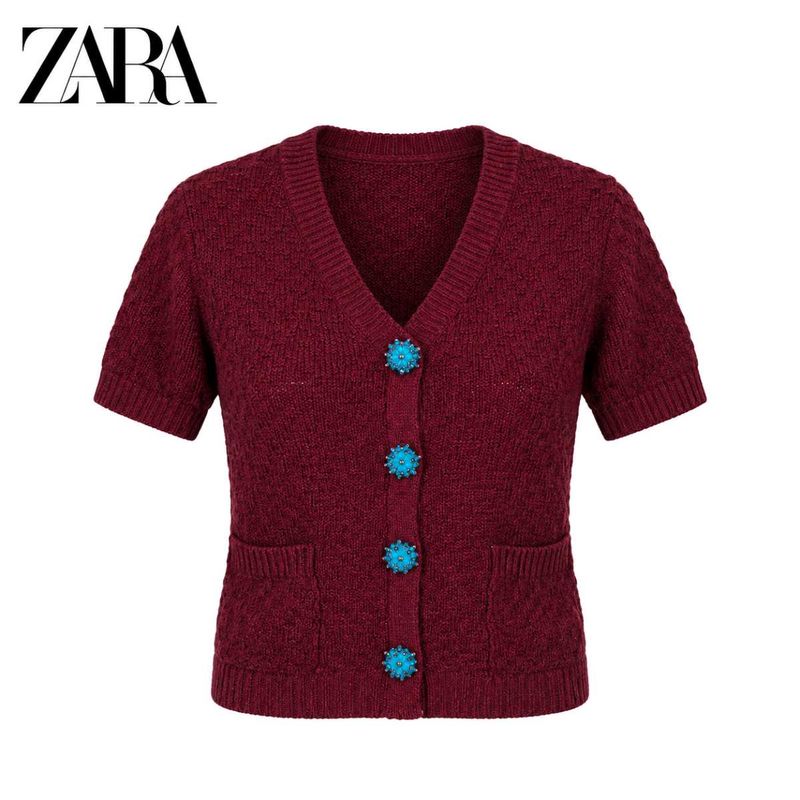 Zara Burgundy Knit Cardigan with Blue Buttons