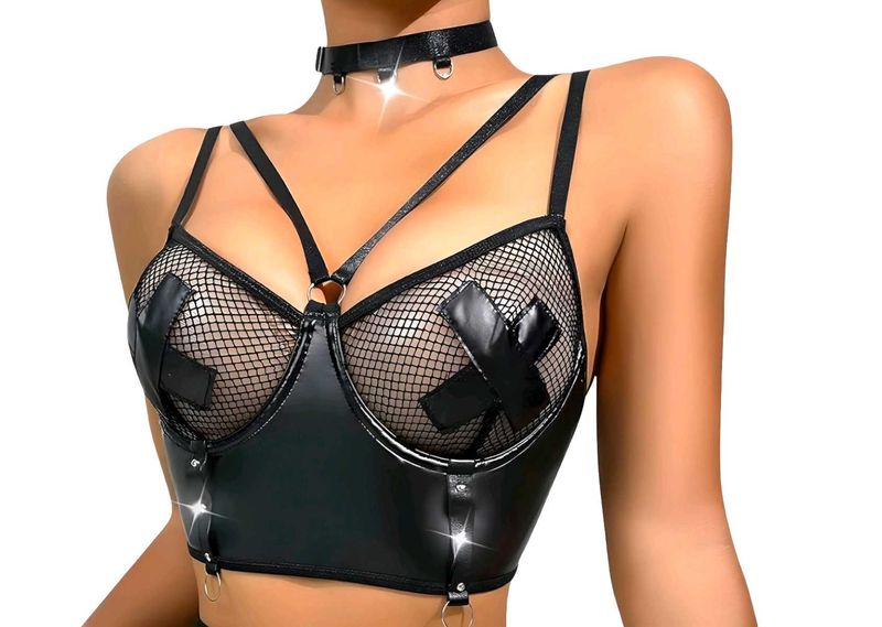 Edgy Faux Leather &amp; Mesh Bra with Choker