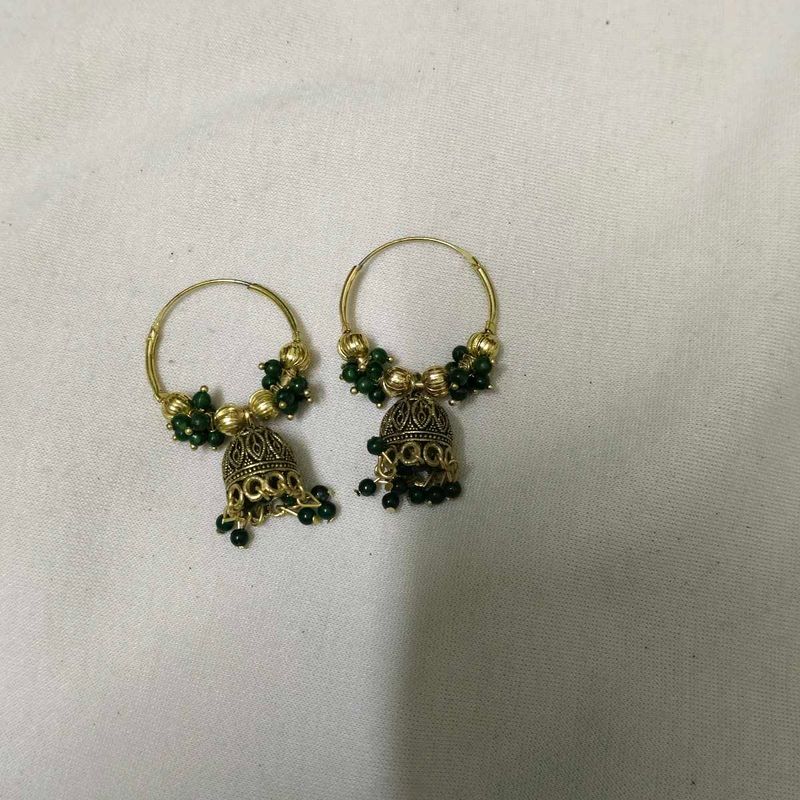 Ethnic Jhumka Hoop Earrings Green Beads
