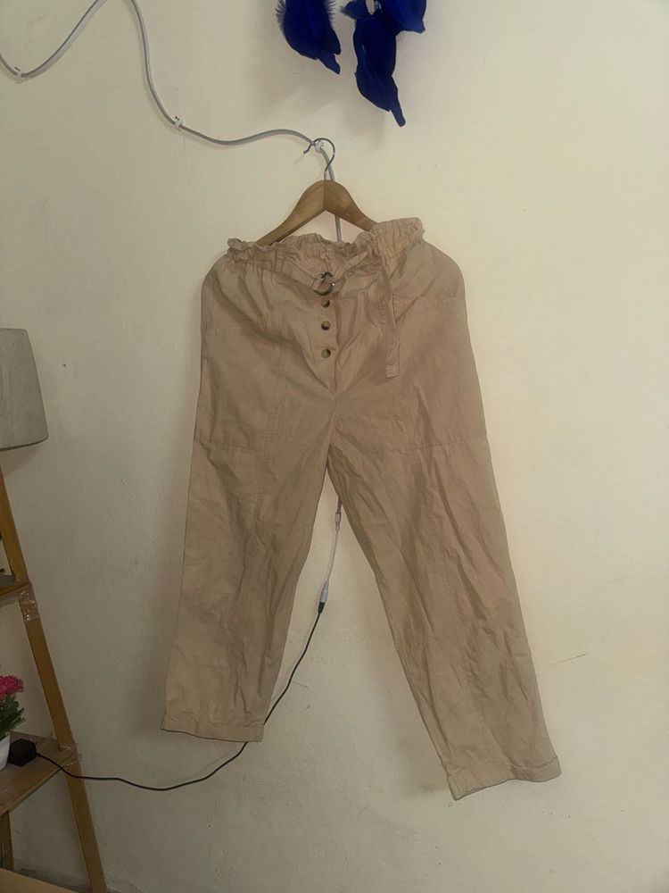 Women's Beige Paperbag Waist Pants