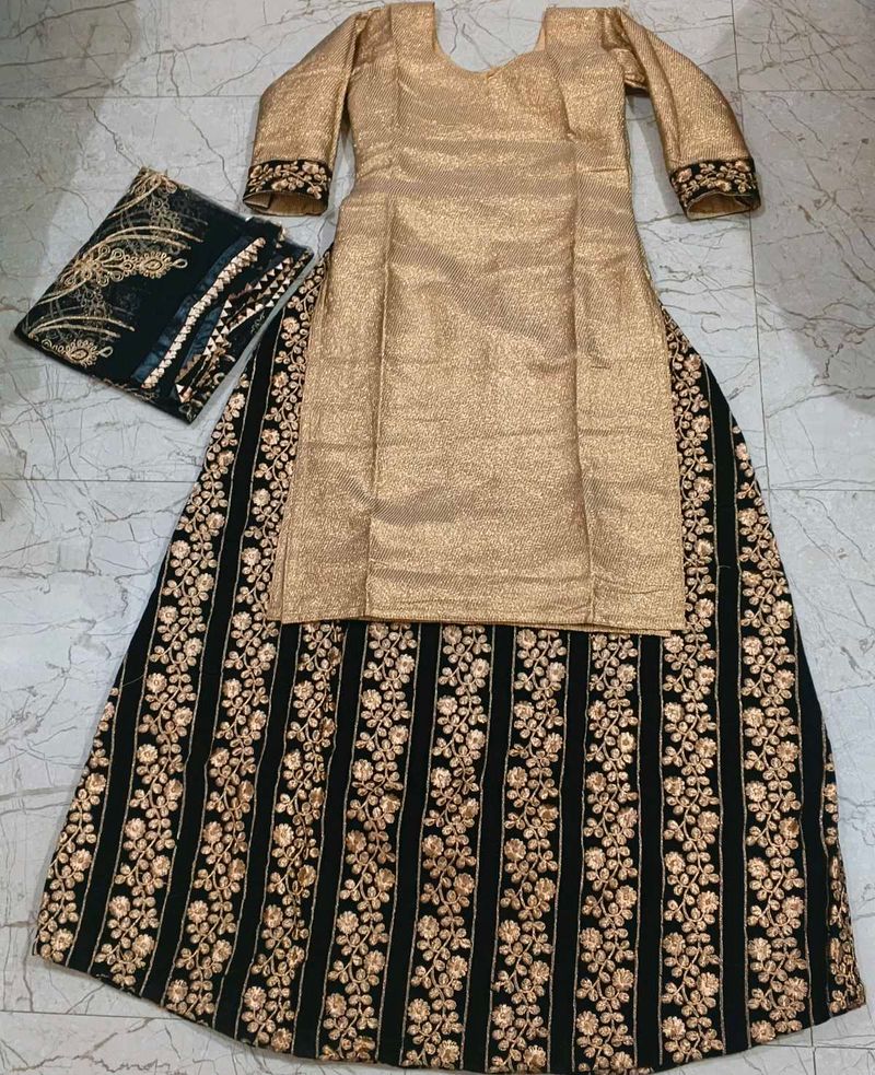 Elegant Gold &amp; Black Embroidered Lehenga Choli