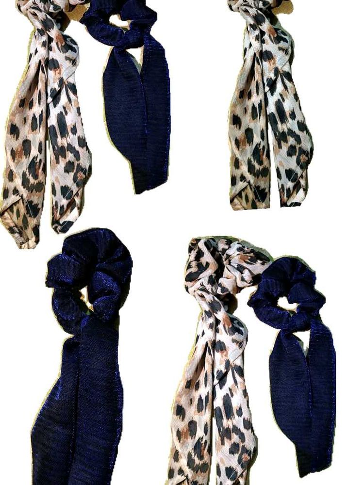 Leopard Print Scrunchies with Navy Bows Set