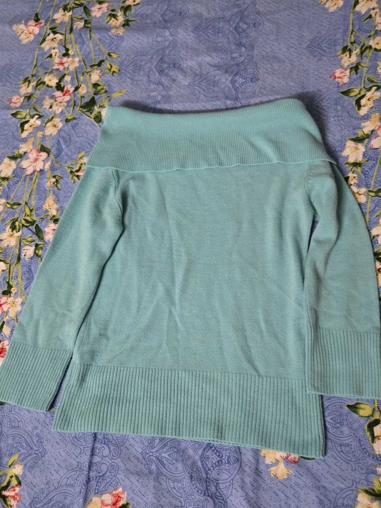 Light Blue Knit Off-the-Shoulder Sweater