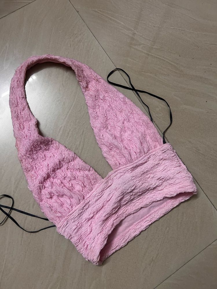 h&amp;m pink halter neck crop top