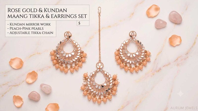 Rose Gold Kundan Maang Tikka &amp; Earrings Set