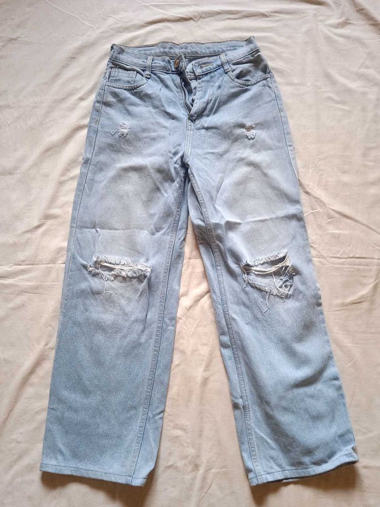 Light Wash Ripped Wide Leg Jeans