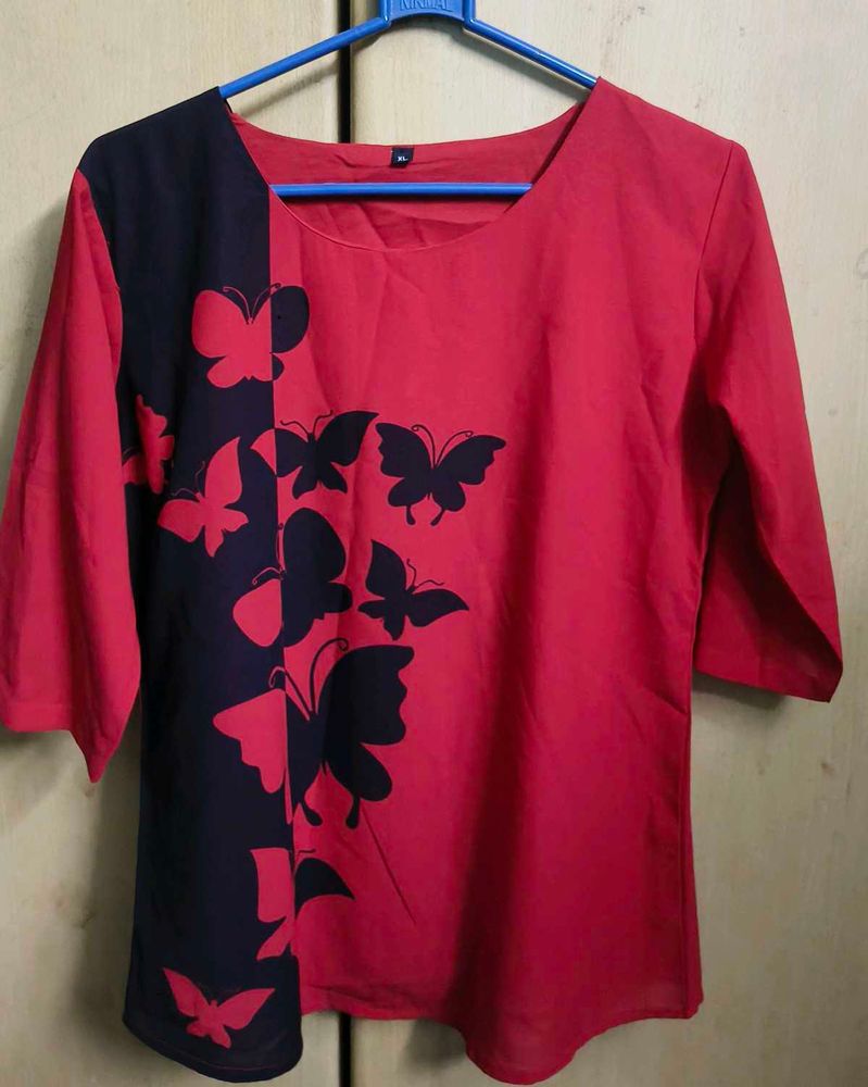 Red &amp; Navy Butterfly Print Top