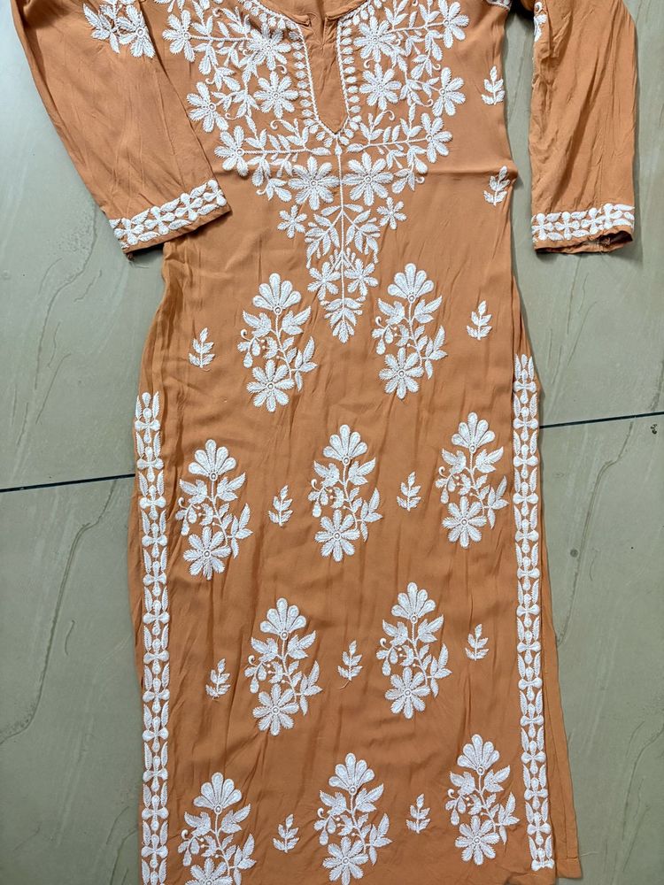 Elegant Peach Kurta with White Embroider
