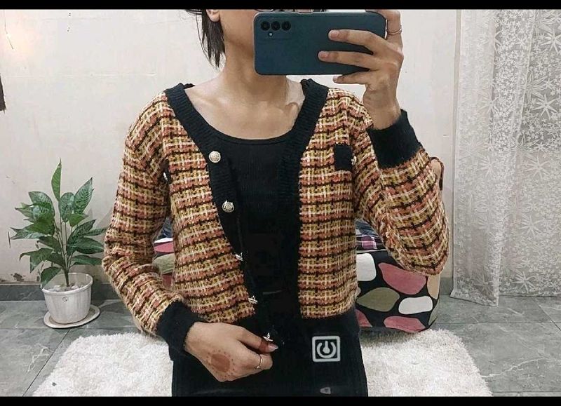 Tweed Style Cropped Cardigan