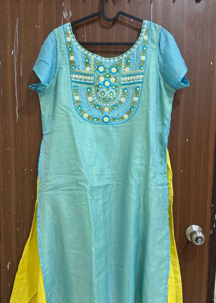 Embroidered Teal Kurta with Yellow Accents
