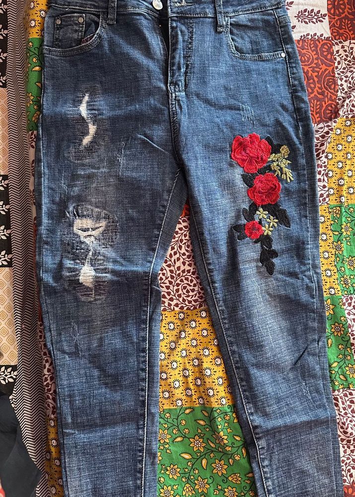 Embroidered Ripped Blue Jeans