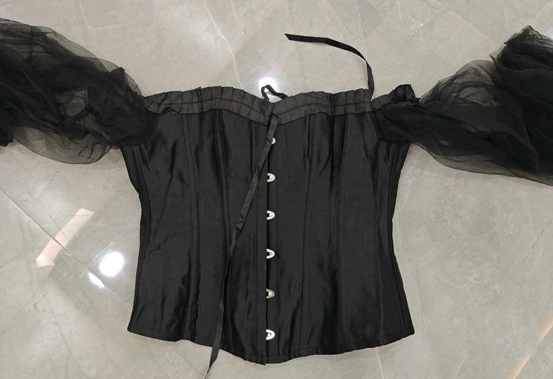 Black Off-Shoulder Corset Top with Tulle Sleeves