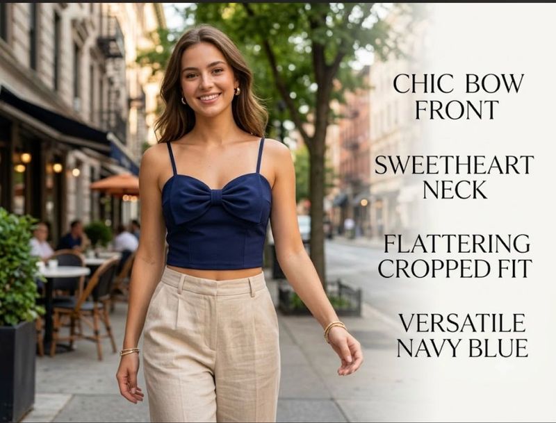 Chic Navy Blue Cropped Bow Front Top