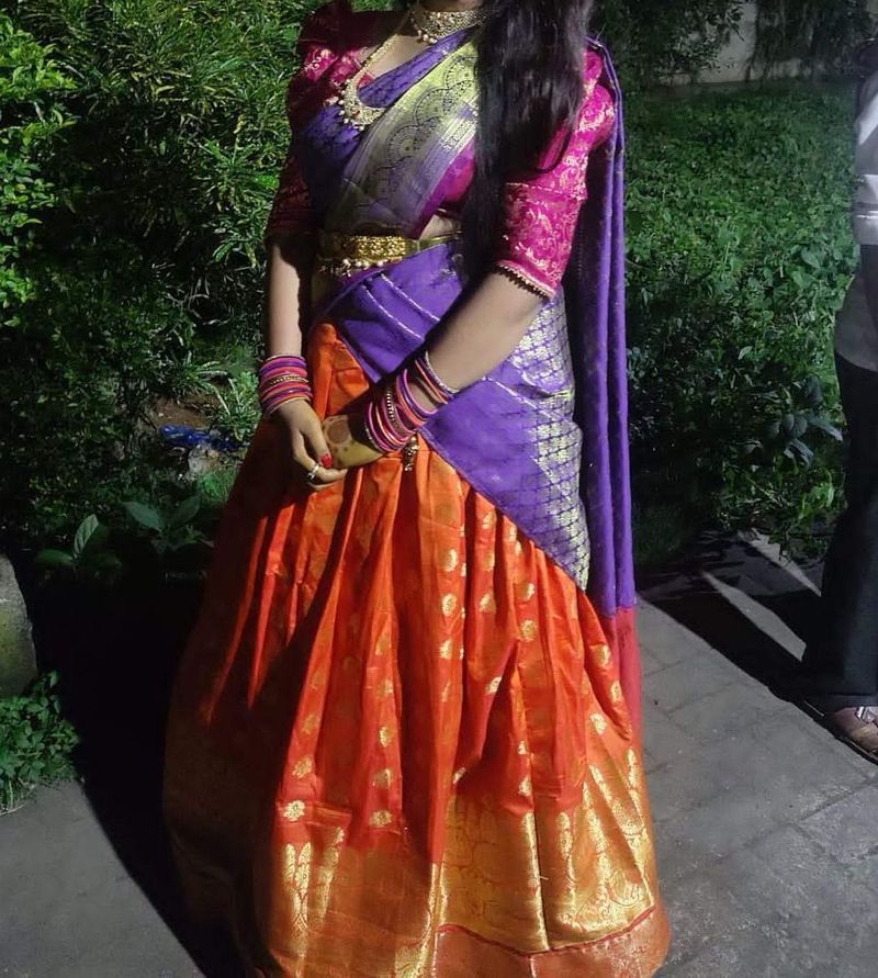 Vibrant Orange &amp; Purple Silk Lehenga Choli
