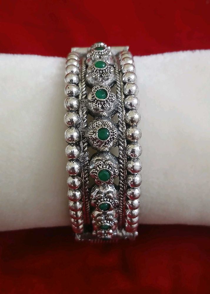 Oxidized Silver Bangle with Green Stones