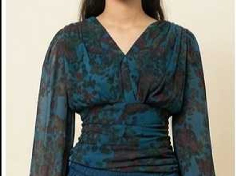 Moody Floral Teal Ruched Crop Top, V-Neck