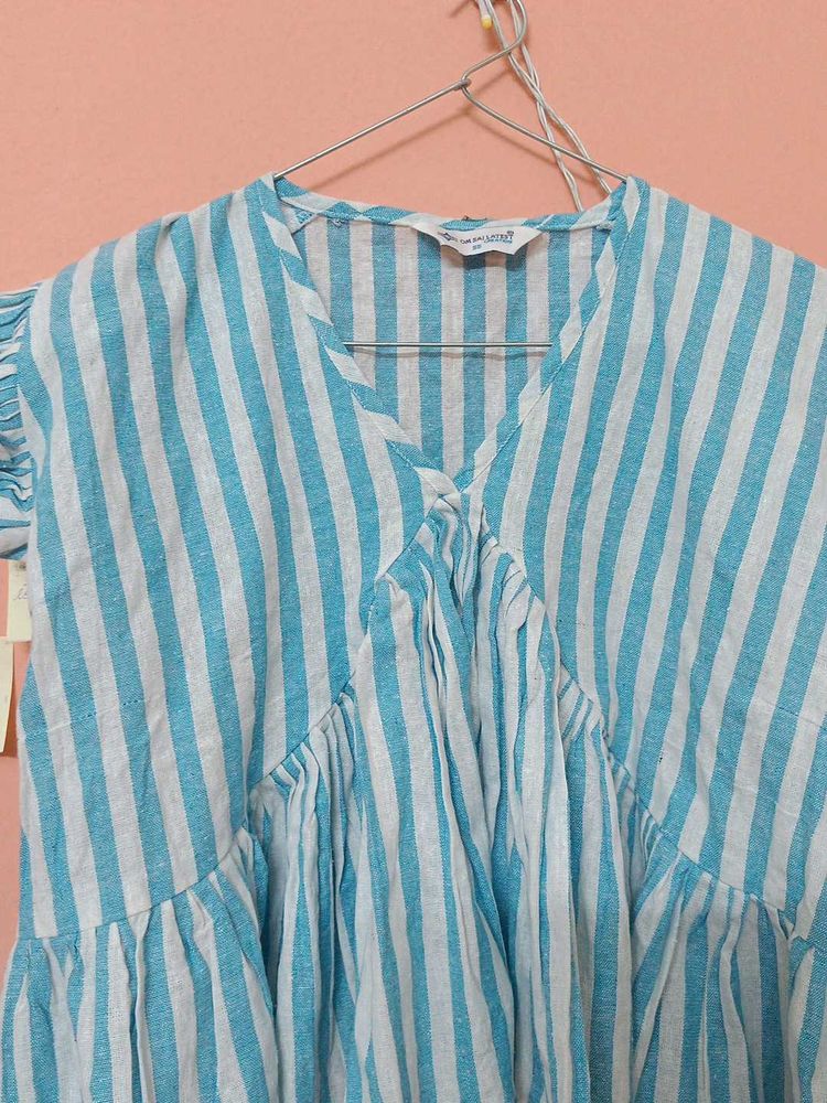 light blue Striped Ruffle Top