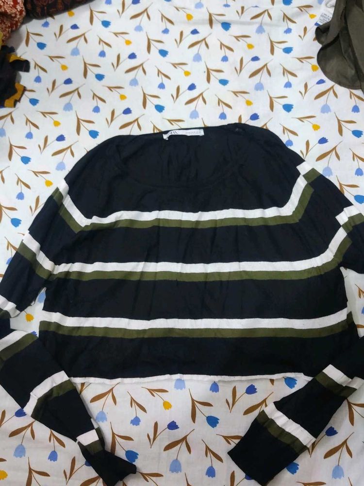 ZARA Striped Long Sleeve Cropped Top