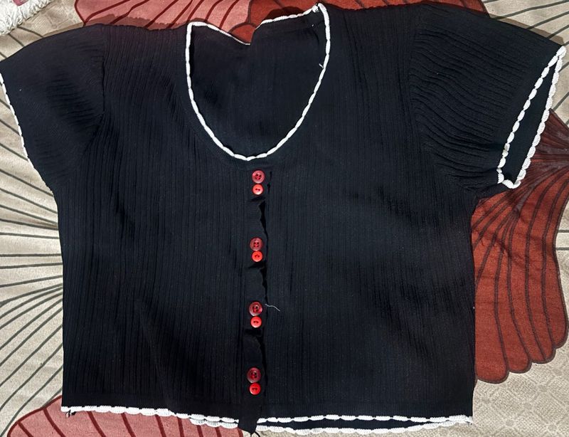 Black Ribbed Button-Up Crop Top