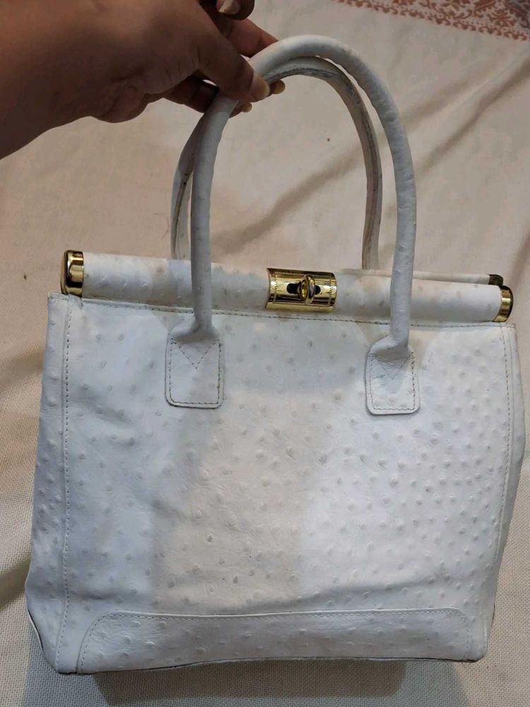 White Ostrich Embossed Handbag