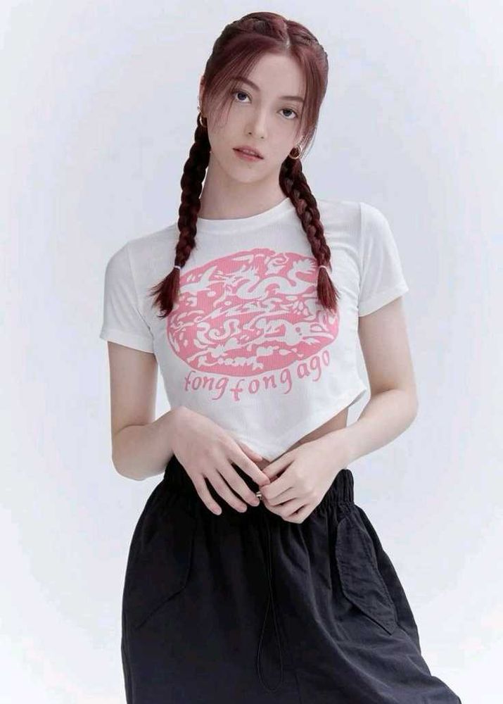 Cute White Crop Top with Pink Graphic Print