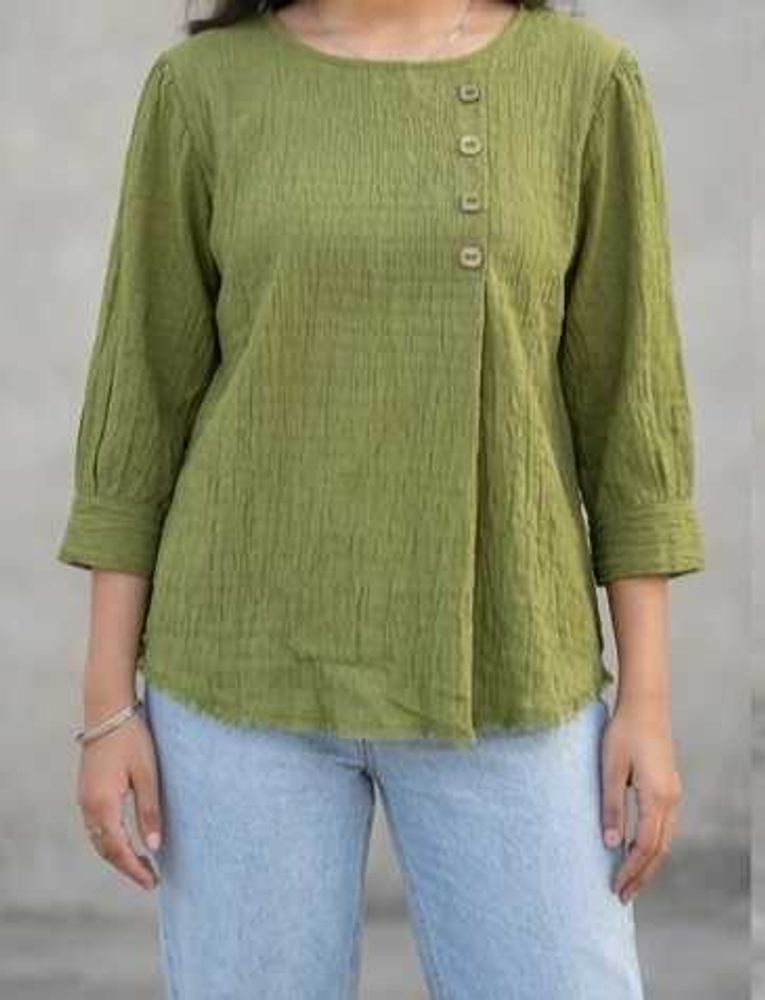 Olive Green Textured Crinkle Top