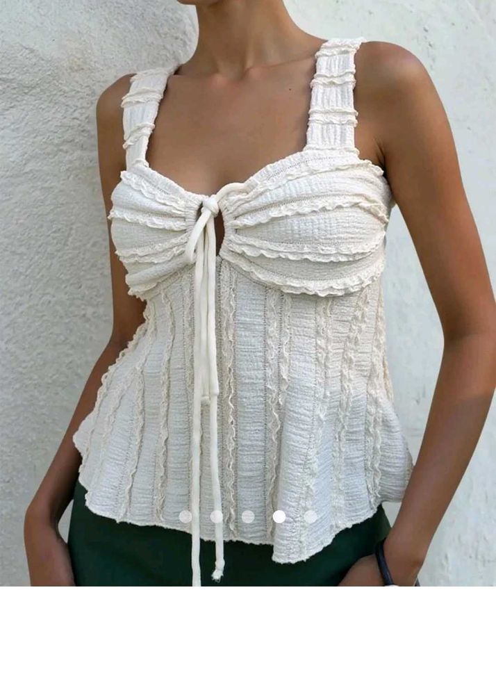 Cream Textured Tie-Front Top