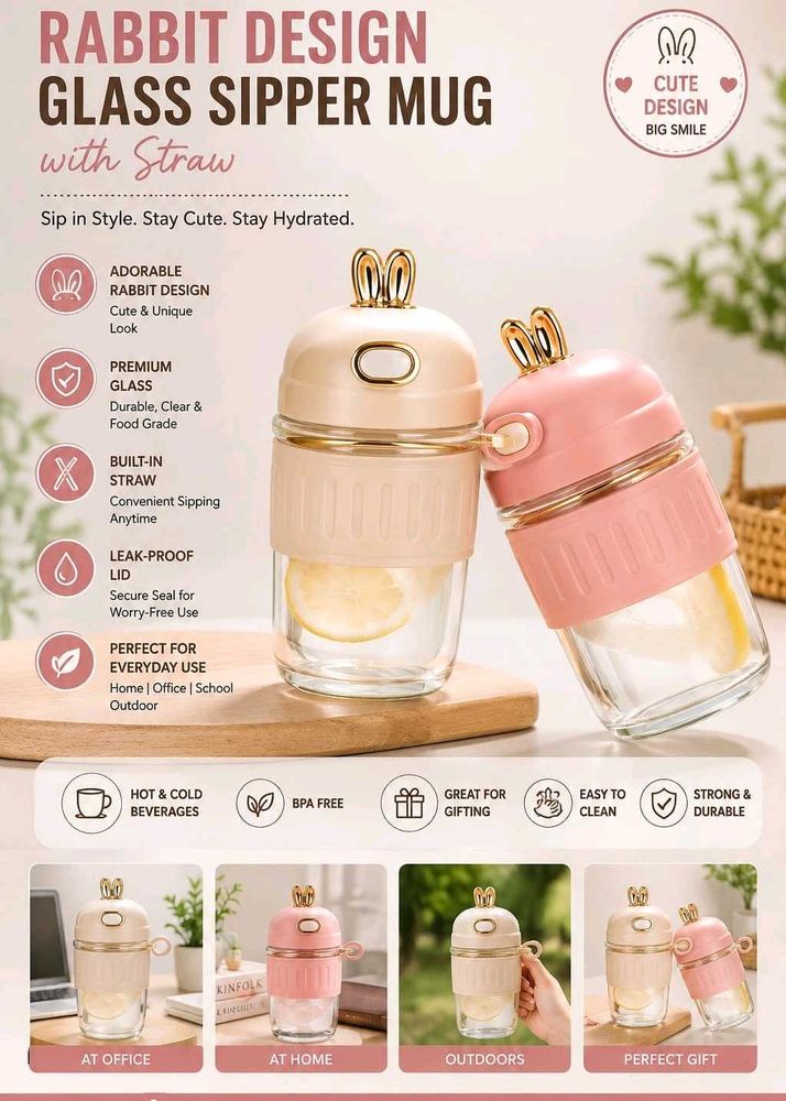 Cute Rabbit Design Glass Sipper Mug