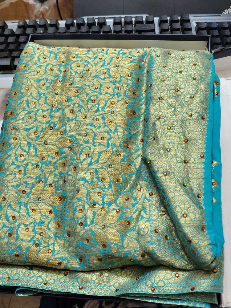 Stunning Teal &amp; Gold Embellished Saree