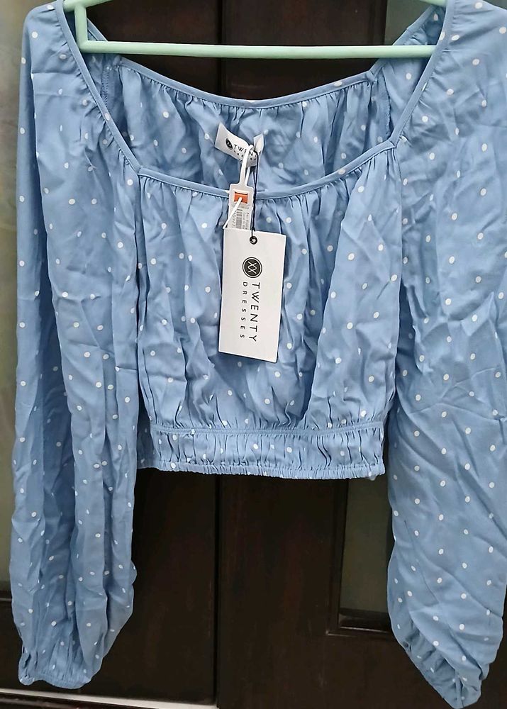 Blue Polka Dot Puff Sleeve Top