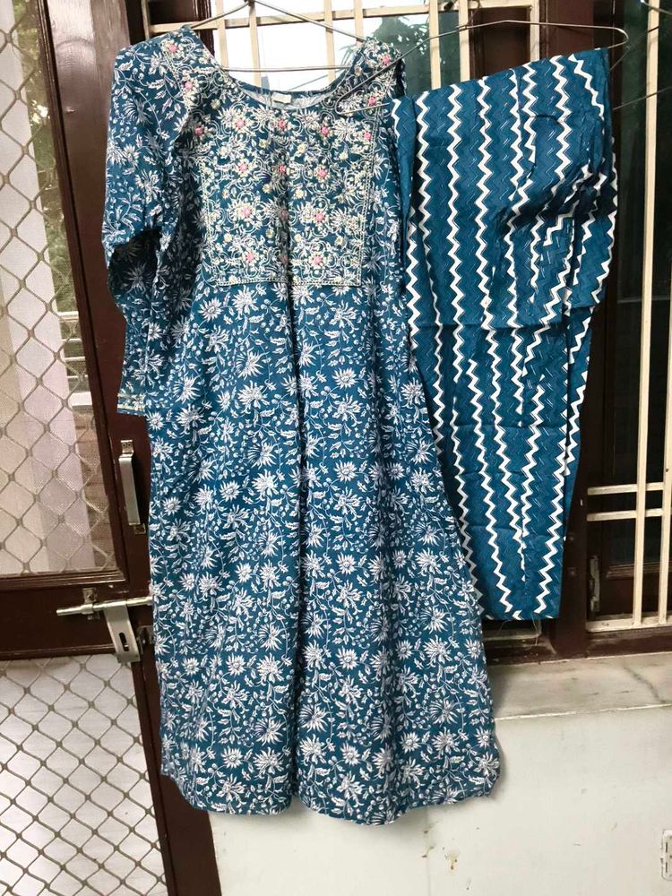 Teal Floral Print Kurta Set