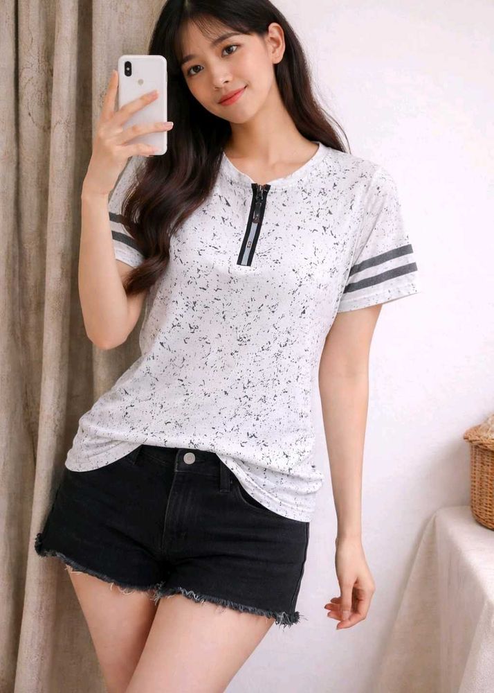 Cute Graphic Zip Neck T-Shirt