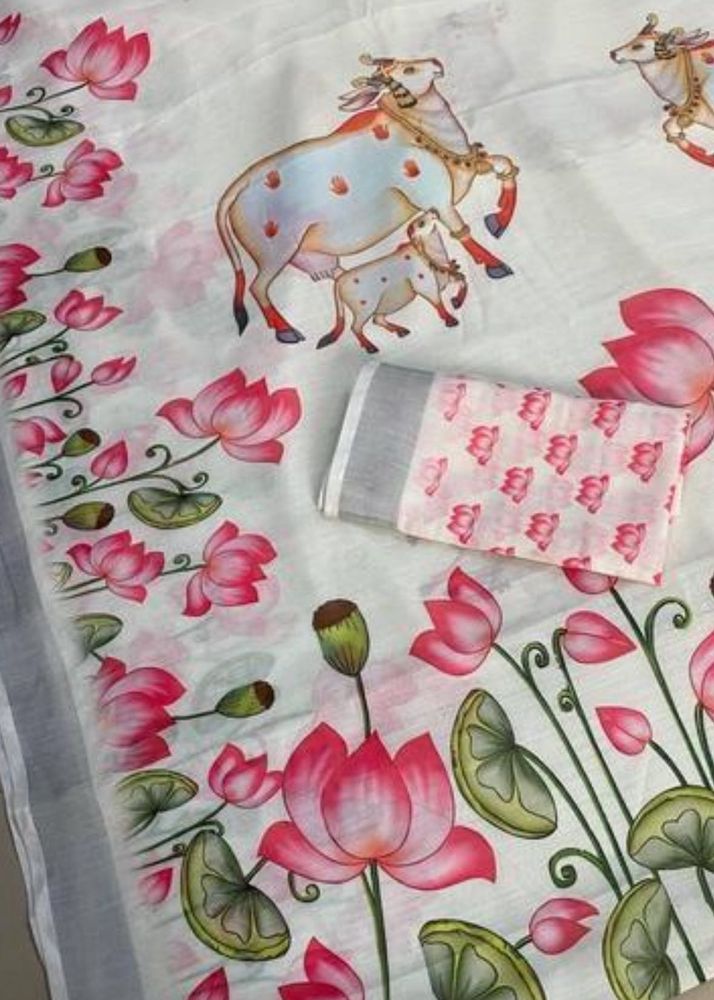Beautiful White Lotus Print Saree