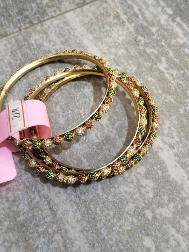 Golden Bangles With Red, Green And White Detail
