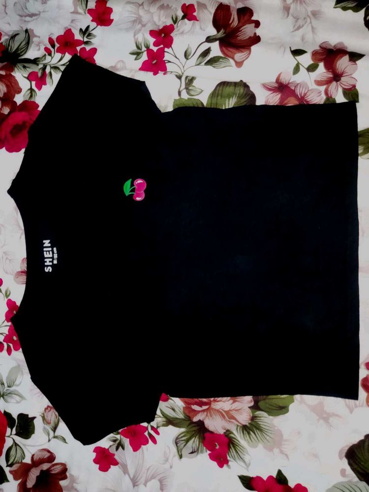 Cute Cherry Embroidered Black T-Shirt