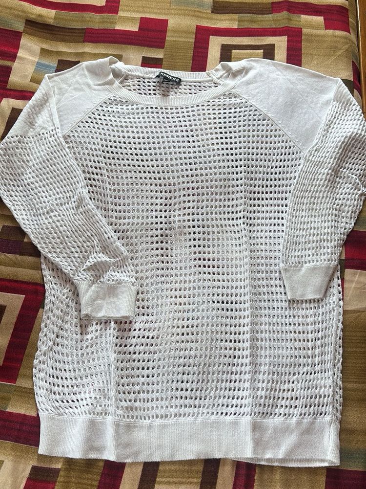 White Mesh Knit Long Sleeve Top