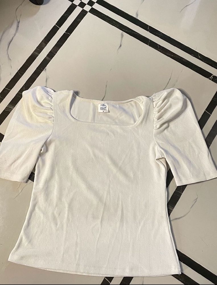 new White Puff Sleeve Square Neck Top