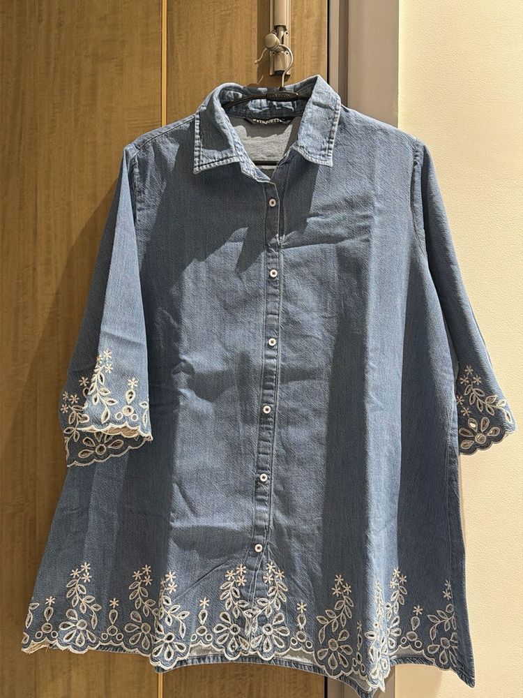 Embroidered Denim Tunic Top
