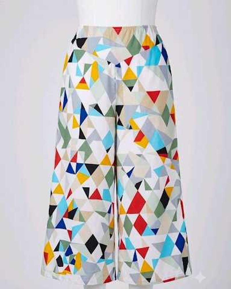 geometric patterned wide-leg trousers or culottes