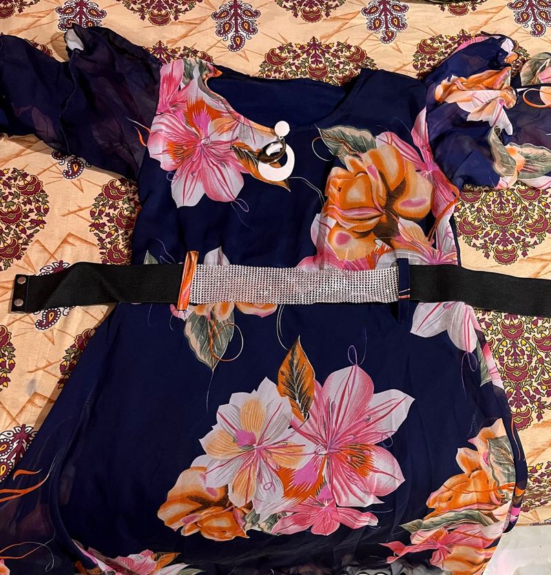 Navy Floral Print Gown with Embellished Belt
