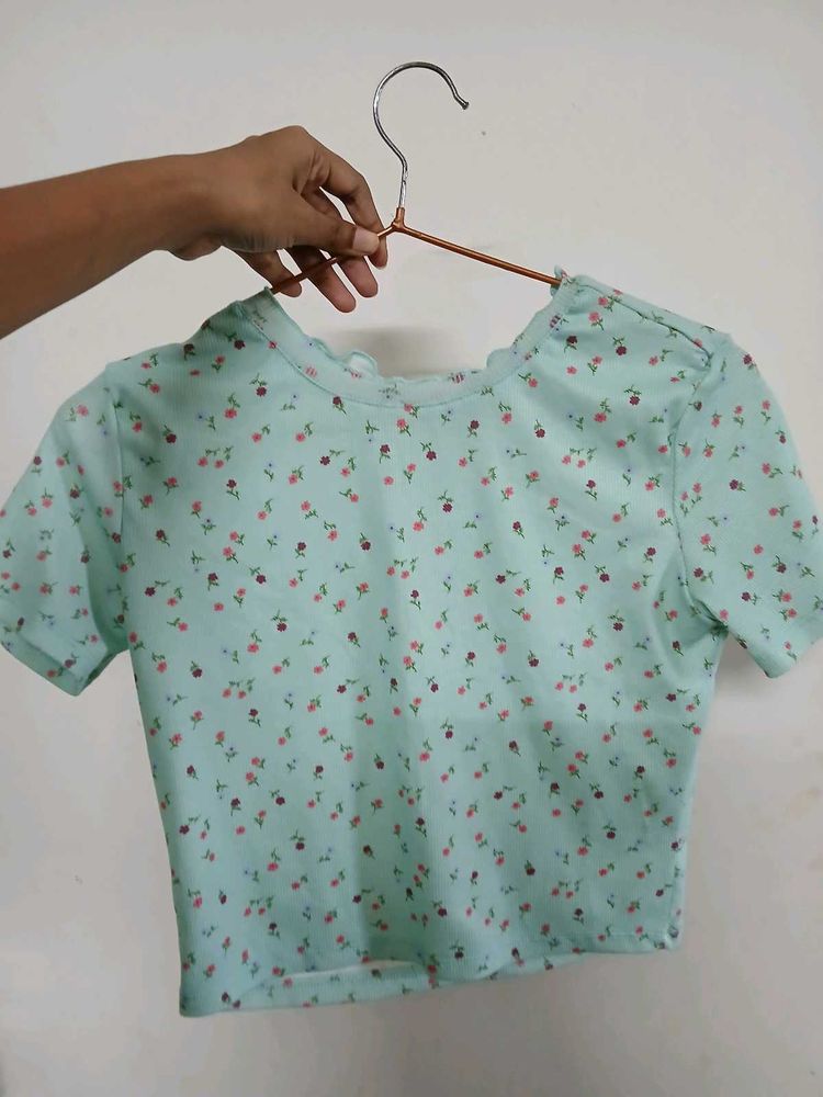 Mint Green Floral Print Ribbed Crop Top
