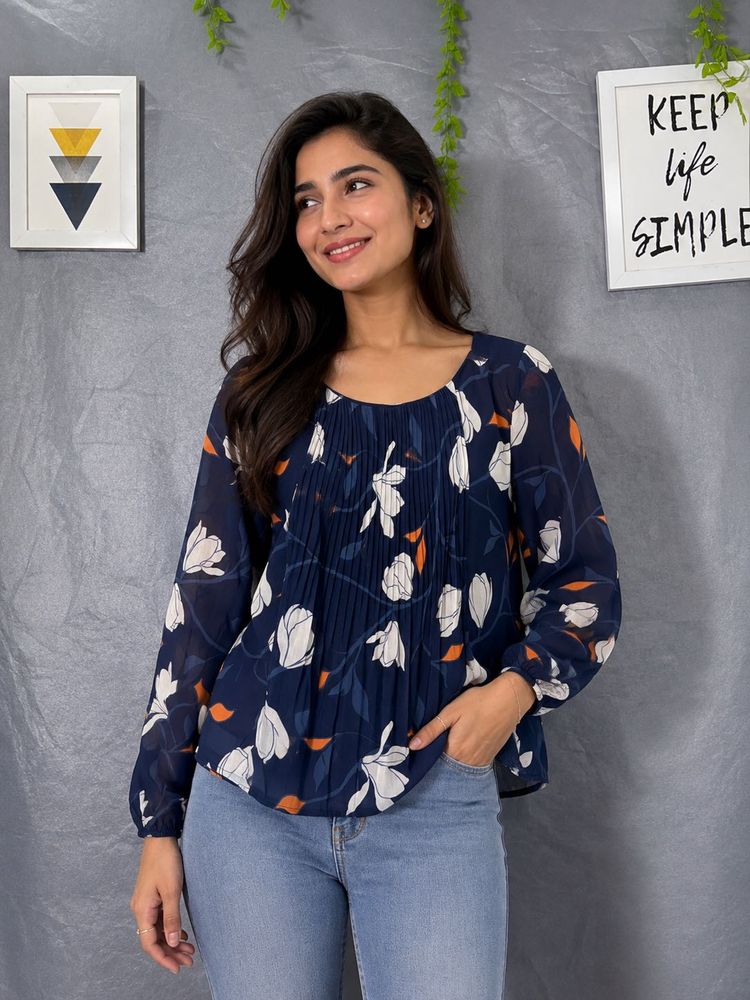 Navy Floral Print Pleated Blouse