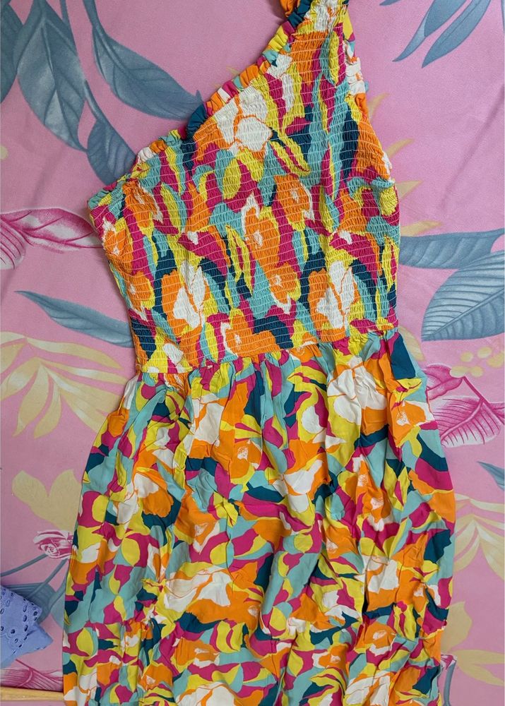 Vibrant Smocked One-Shoulder Mini Dress