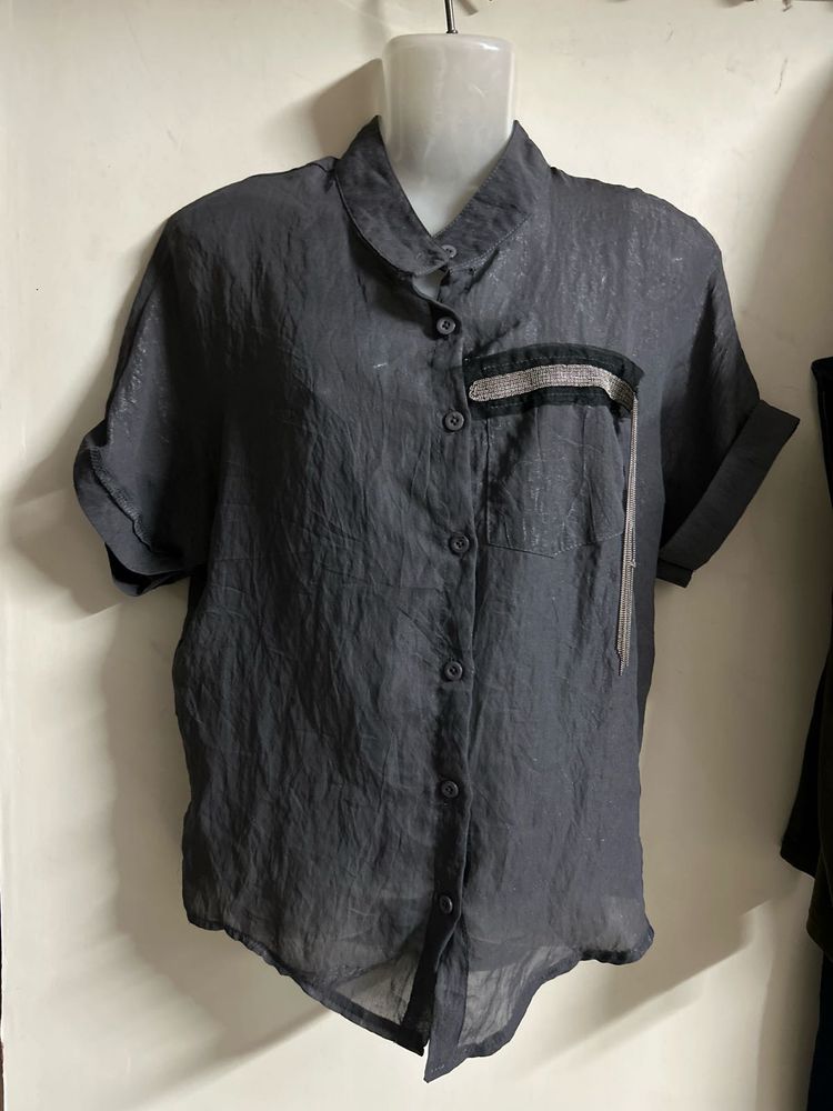 Stylish Grey Textured Short Sleeve Shirt
