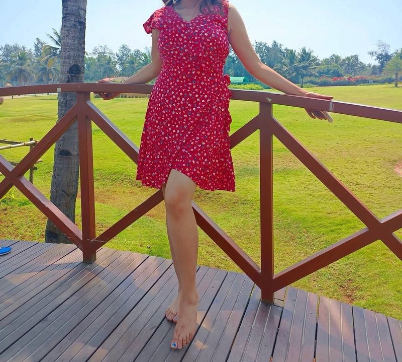 Women Red Colour Wrap Dress