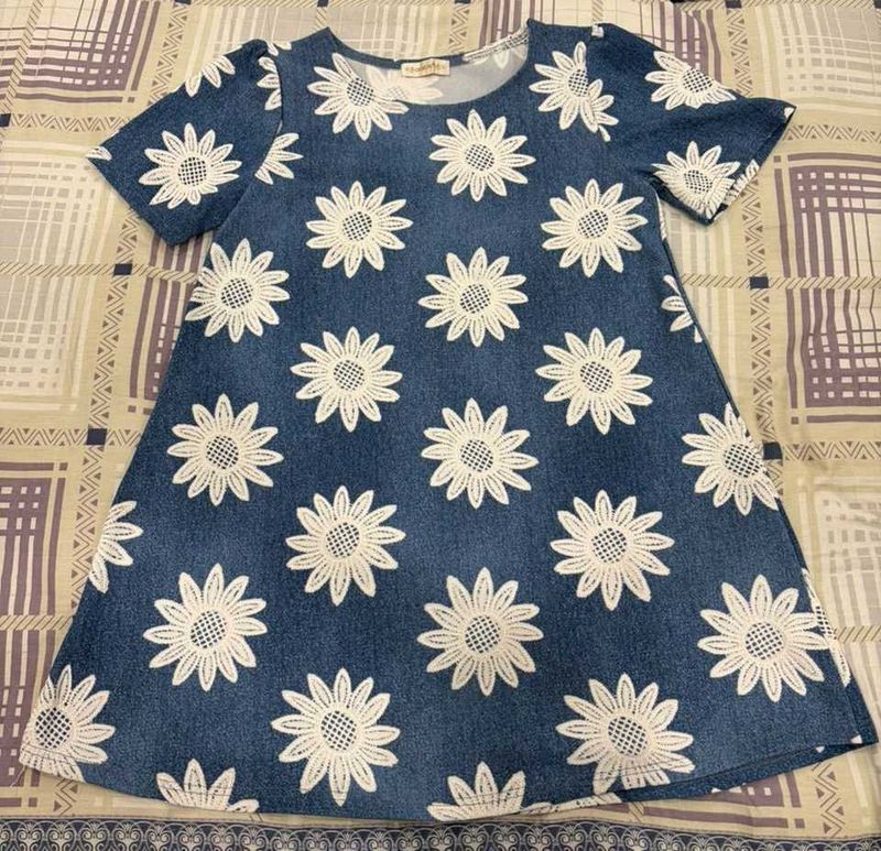 Cute Denim Dress with Sunflower Print
