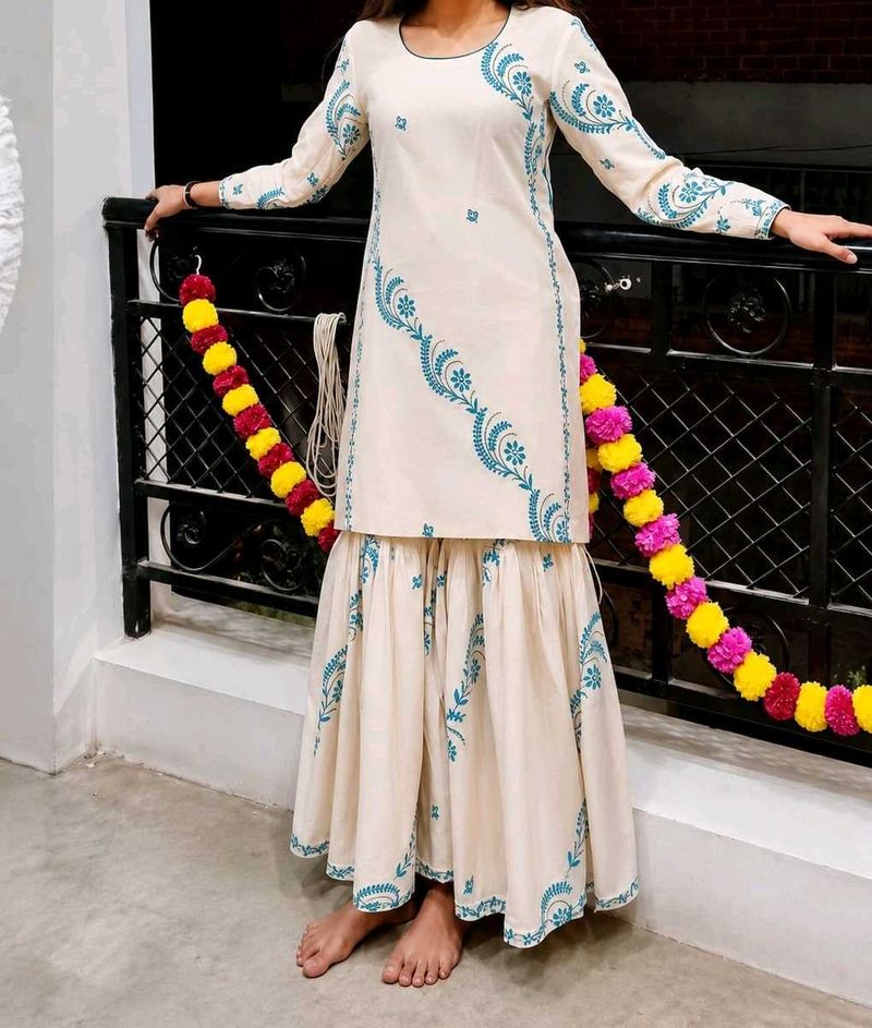 Cream Kurta Set with Blue Embroidery