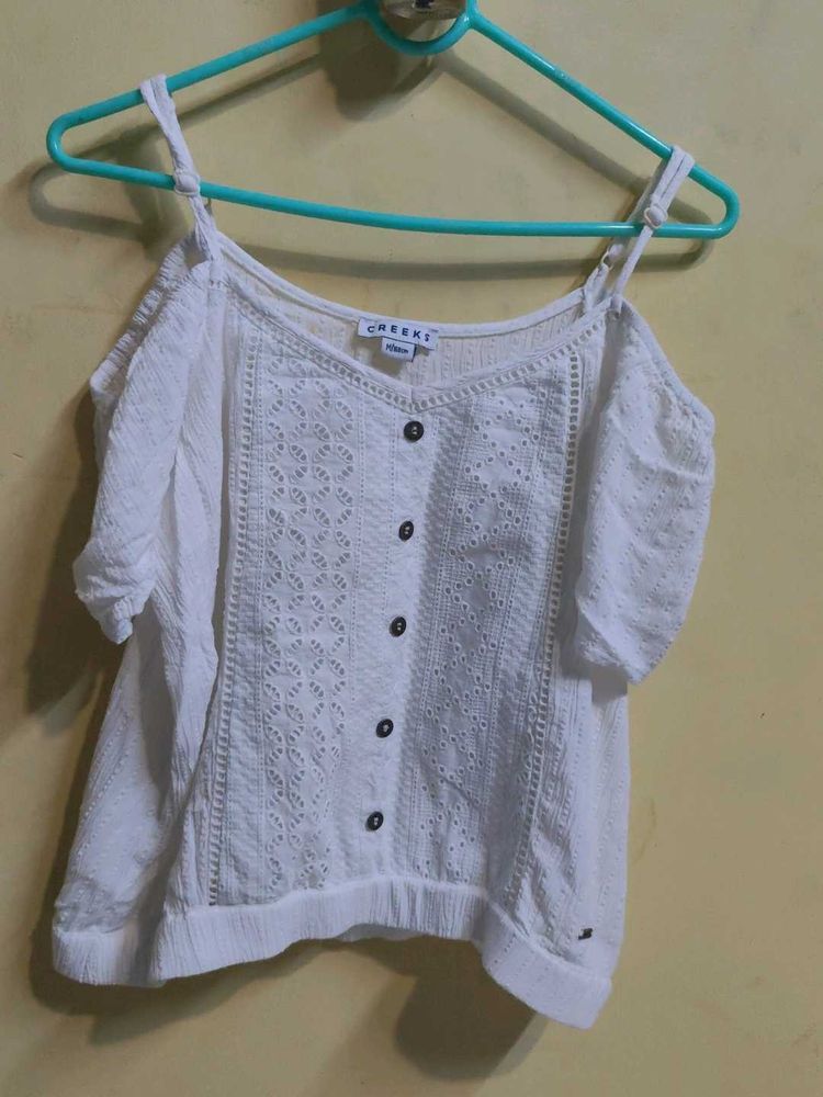 White Cold Shoulder Broderie Top
